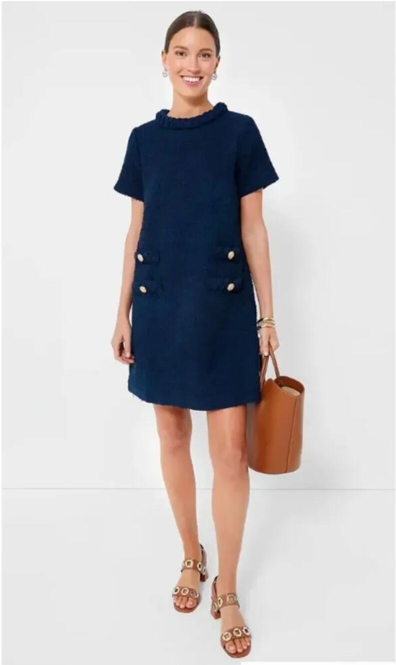 Tuckernuck Jackie Dress Tweed Mini A-Line Shift Navy Blue Textured Size Large